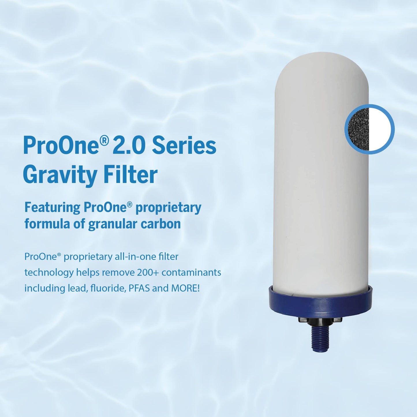 ProOne Big+ Gravity Water Filter System High Capacity Countertop Stainless Steel Water Filter Dispenser IAPMO Certified to Reduce Lead, Total PFAS, Microplastics, Chlorine Taste & Odor, 2 Pack Filter