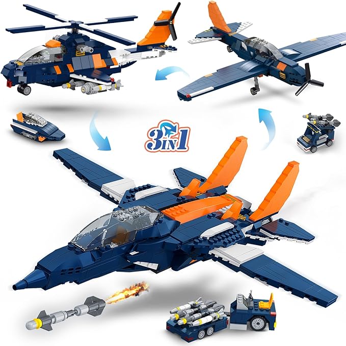 HOGOKIDS 3 in 1 Fighter Jet Plane Building Sets Military Propeller Aircraft Gunship Building Toys with Vehicle/Rocket Launcher/Speedboat Model Toys Birthday Gift for Kids Boys and Girls 10+ 738PCS