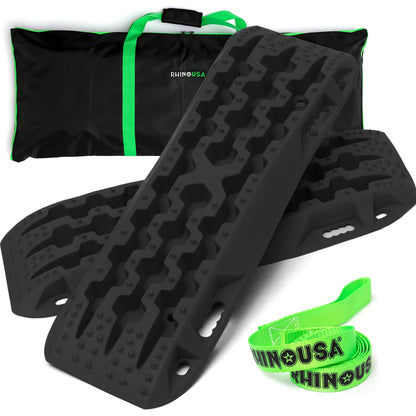 Rhino USA Off-Road Recovery Traction Boards - 2 Pack Ultimate Tire Traction Mountable Mats for 4X4 Vehicles in Sand, Mud & Snow. Heavy Duty Zipper Carry Bag and Leashes Included - (Black)