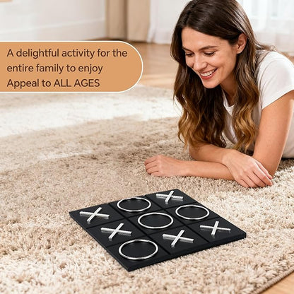 Tic Tac Toe Decor 10 x 10 Inch Wooden Black Wood Board with Gold/Silver X and O Pieces Modern Minimalist Coffee Table Decor for Living Room Office and Bookshelf Display (Silver)