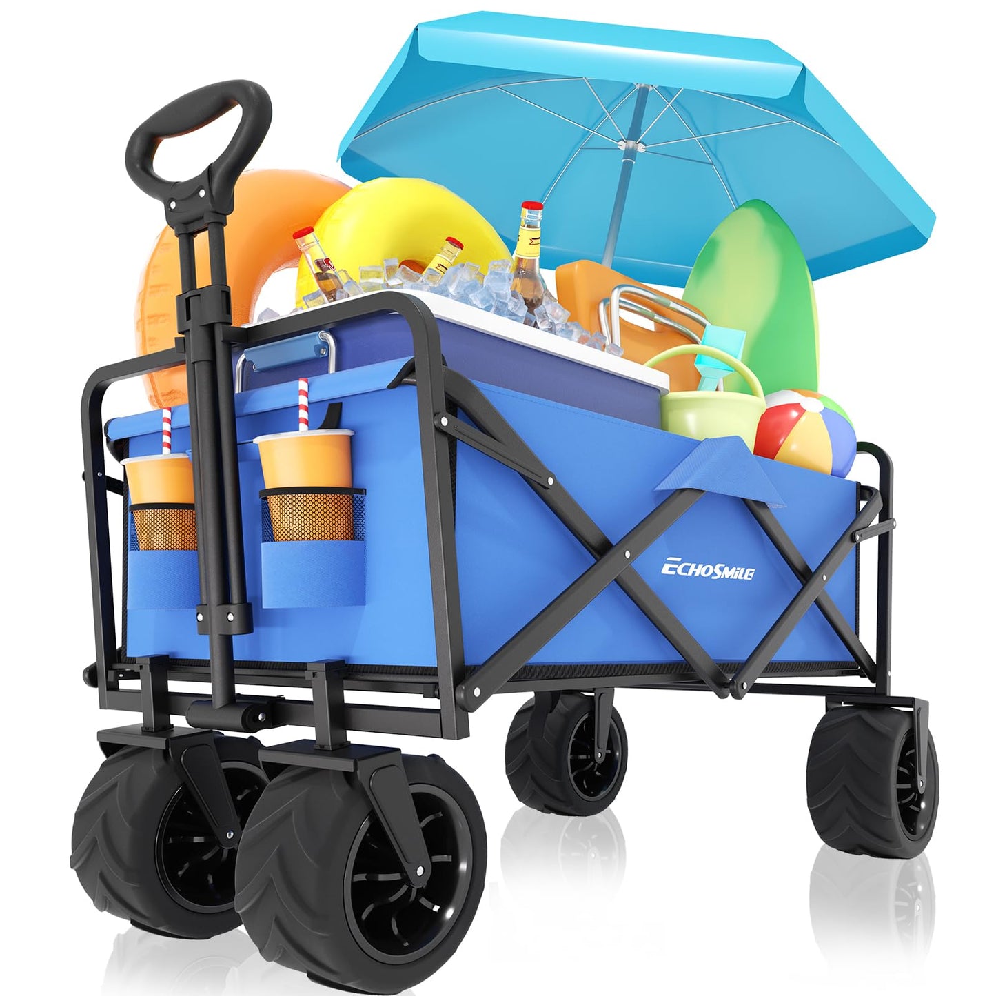 EchoSmile Heavy Duty 350 Lbs Capacity Collapsible Wagon, Outdoor Folding Camping Grocery Portable Utility Cart, Adjustable Rolling Carts, All Terrain Sports Wagon with Big Wheels (Blue)