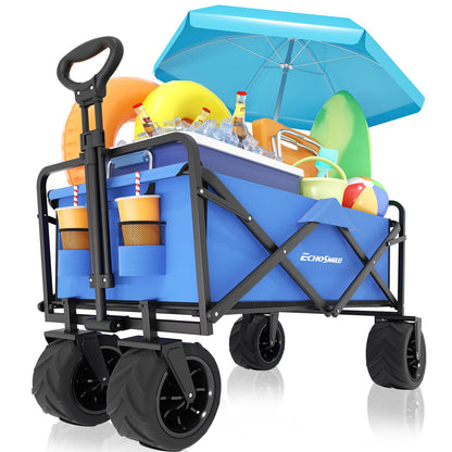 EchoSmile Heavy Duty 350 Lbs Capacity Collapsible Wagon, Outdoor Folding Camping Grocery Portable Utility Cart, Adjustable Rolling Carts, All Terrain Sports Wagon with Big Wheels (Blue)