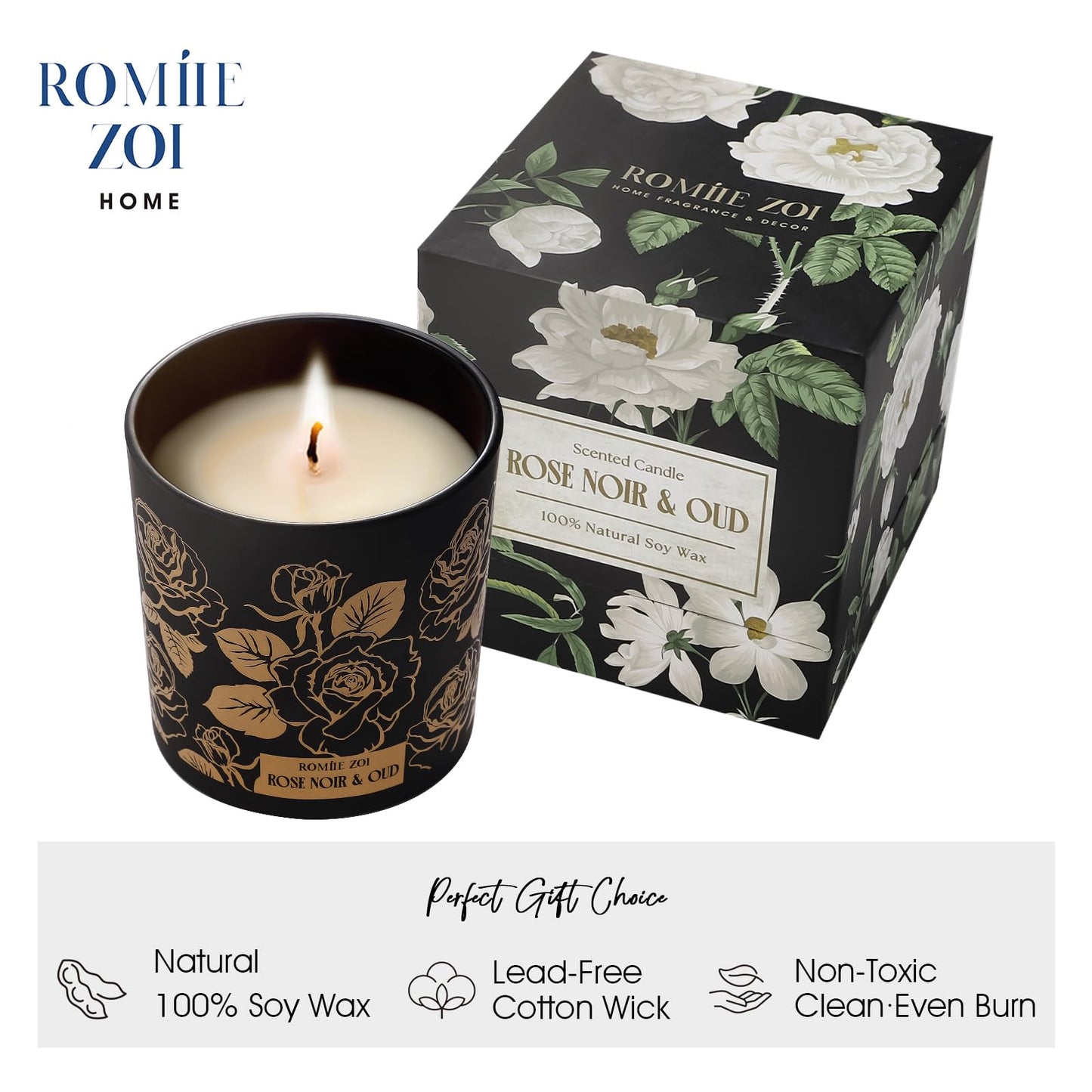 ROMIIE ZOI Scented Candle - Rose Noir & Oud- 6oz Aromatherapy Soy Wax Jar Candle for Home, Gifts for Women - 170g