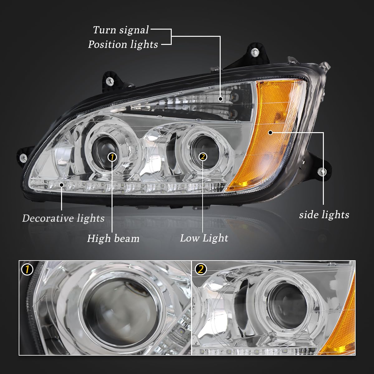 Sterlix Pair Headlights for Kenworth T660 T170 T270 T370 T440 T470 T700 2008-2016 LED Turn Signal Lights Front Headlight Assembly Replacement Driver and Passenger Side [Included All Bulbs]