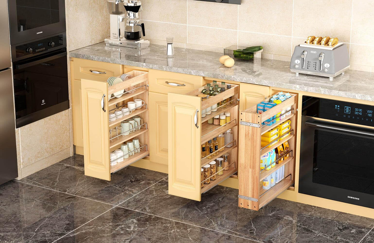 4 Tier Pull Out Spice Rack Holder Shelves (6.5" W x 22" D), spice organization for cabinet Storage Organization, pull out spice racks for inside cabinets