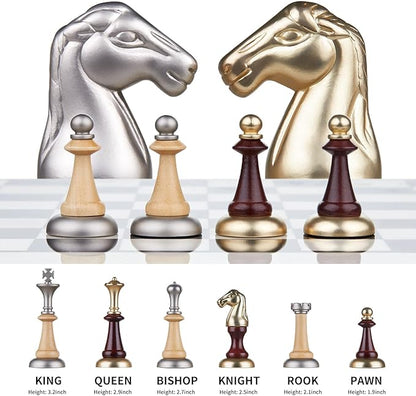 AMEROUS 16 Inches Wooden Chess Set Large Size Board with 2 Built-in Storage Drawers - 2 Extra Queens - Metallic &amp Wooden Chess Pieces - Gift Packaging Board Games for Adults and Kids