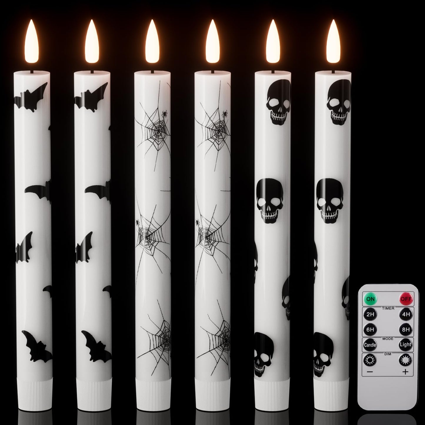 Wondise Halloween Flameless Taper Candles with Remote & Timer, Battery Operated with Spider Web, Bats, Skull, Real Wax 3D Wick LED Candles for Halloween Decorations