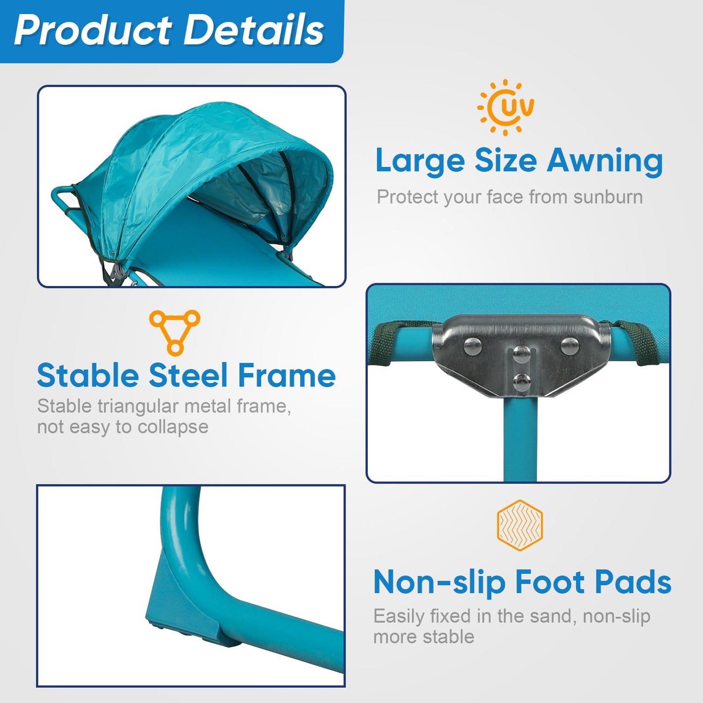 Northroad 2 Pack Outdoor Lounge Chair, Tanning Chair with Sunshade Roof, Adjustable Backrest Folding Chaise Lounge, Reclining Beach Bed for Beach, Camping, Hiking -Blue