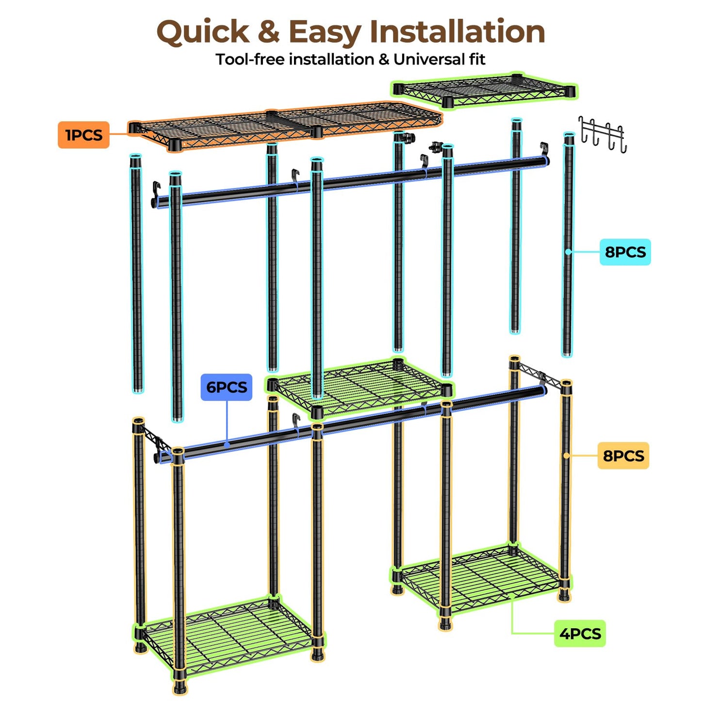 HYSEYY Portable Closet Heavy Duty Clothes Rack, Freestanding Clothing Racks for Hanging Clothes, Adjustable Garment Wardrobe Rack with 4 Hang Rods & Shelves ,73.6" L x 17.3" W x 76.4" H, Black