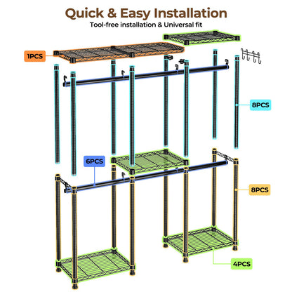 HYSEYY Portable Closet Heavy Duty Clothes Rack, Freestanding Clothing Racks for Hanging Clothes, Adjustable Garment Wardrobe Rack with 4 Hang Rods & Shelves ,73.6" L x 17.3" W x 76.4" H, Black