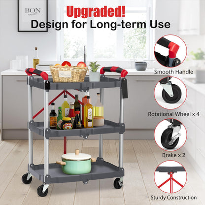 Garvee Collapsible Folding Utility Cart with Wheels, 3 Tier Rolling Service Cart for Kitchen, Office, Shopping, Garage