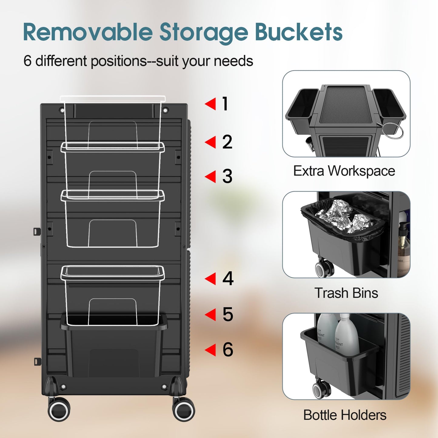 Lockable Salon Trolley Salon Cart on Wheels Rolling Tray Large Storage Salon Trolley W/Towel and Mirror Rack, Heat Resistant Appliance Rack, 4 Remove Drawers, 2 Buckets for Salon Spa Store