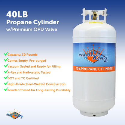 Flame King YSN401 Steel Propane Tank Cylinder With Overflow Protection Device Valve, 40 Lb, White