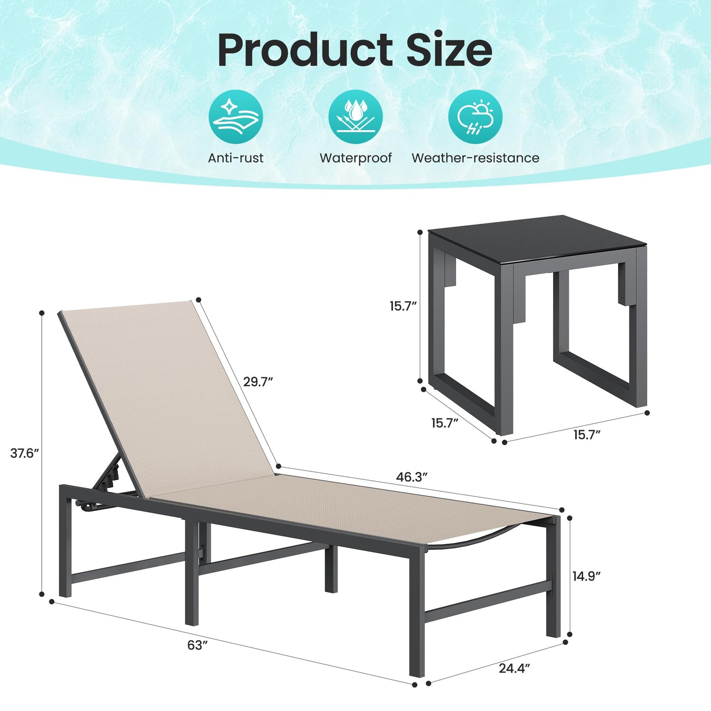 Amopatio 3 Piece Patio Lounge Chair Set Adjustable Lounge Chairs Set of 2 with Side Table for Poolside Weather Resistant Outdoor Chaise Lounge for Backyard Beach, 400 LBS Capacity(Khaki)