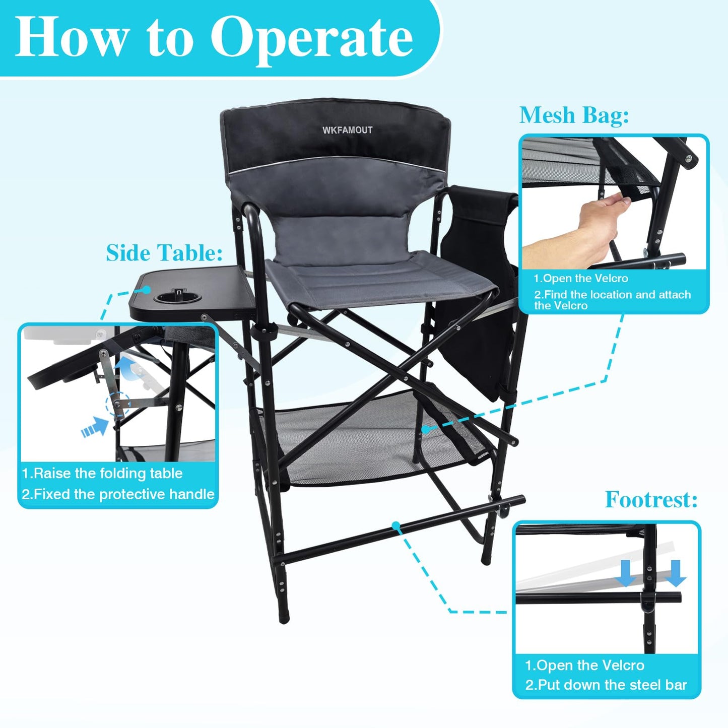 WKFAMOUT Tall Folding Director Chair 30.7" Seat Height Foldable Bar Stool for Makeup Artist Face Painting with Side Table Carry Bag and Cosmetic Bag Supports 350LBS