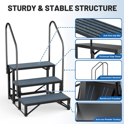 RV Steps Spa Steps with Handrail - 3 Step Hot Tub Steps Trailer Steps Mobile Home Stairs for 5th Wheel RV, Trailer, Hot Tub, Pool, Porch with Non-Slip Mats