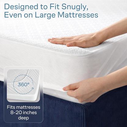 100% Waterproof Twin Mattress Protector - Noiseless Cooling Viscose from Bamboo | 360° Protection Against Spills & Stains (White)