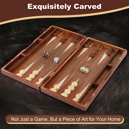 Handcrafted Wooden Backgammon Set 16 Large Size Classic Two-Player Strategy Board Premium Travel Game Board for Adults &amp Teenagers