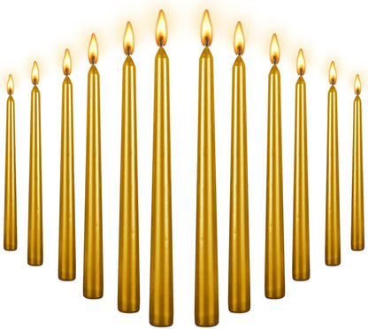 10 Inch Taper Candle, Set of 12,Tapered Candles Burn for 7 Hours, Long Sticks,Tall Candlesticks, Dinner Party, Wedding, Halloween (12pcs, Gold)