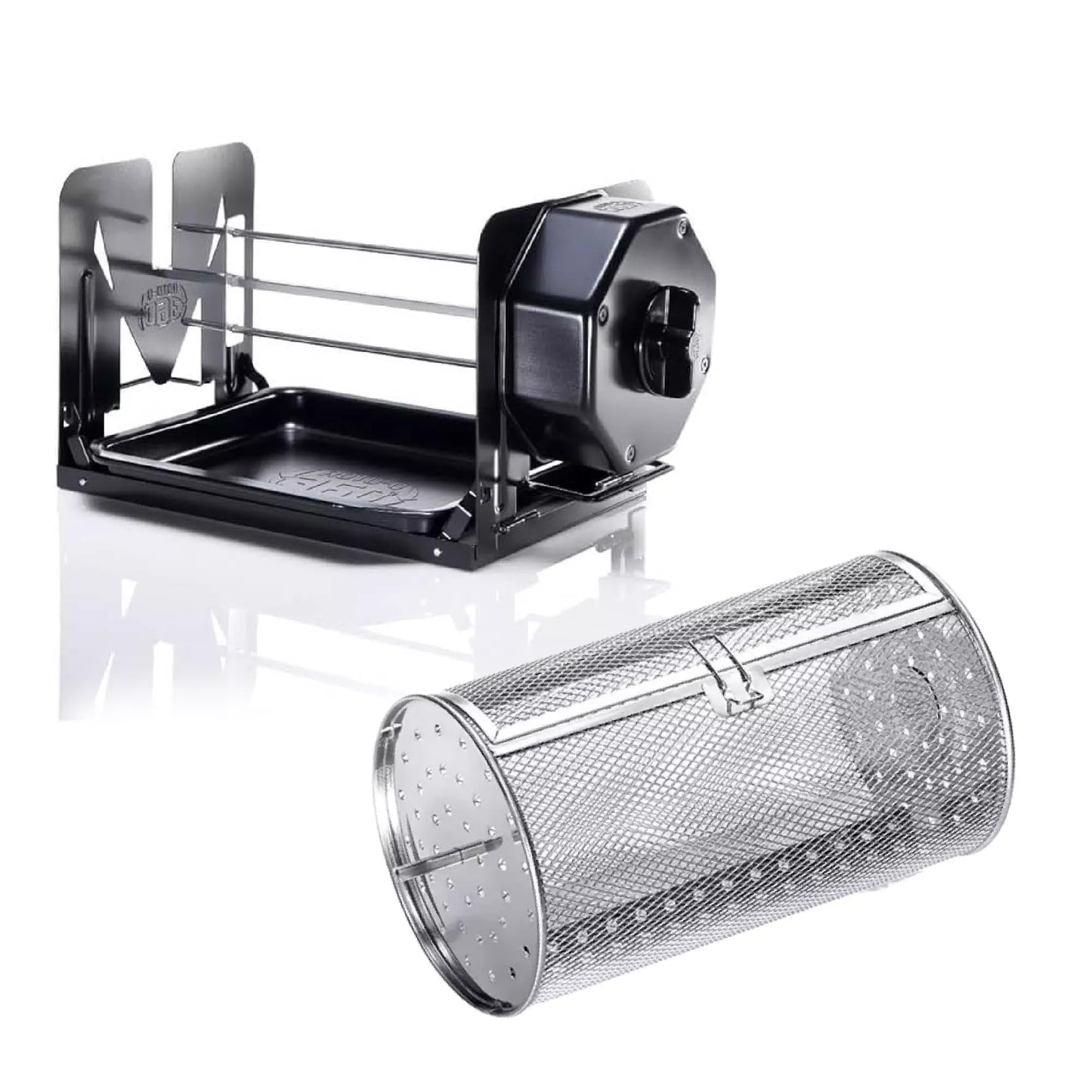 ROTO-Q 360 Cordless Rotisserie Kit w/Tumble Basket - Stainless Steel, Non-Electric - For Grills, Ovens, Smokers - Gas/Charcoal BBQ, Kamado Joe, Green Egg, Kettle - Indoor/Outdoor Use (Black)