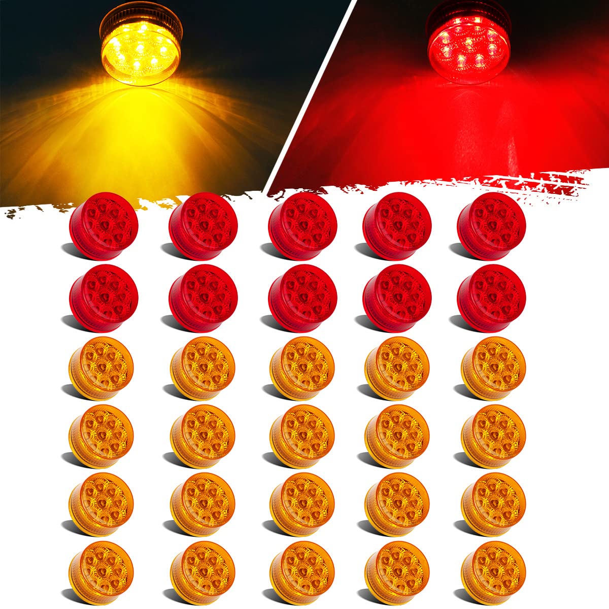 Partsam 30Pcs 2" Inch Round Trailer Led Side Marker and Clearance Lights Amber 9 Diodes with Reflectors for Semi Trailer Trucks(20x Amber, 10x Red)