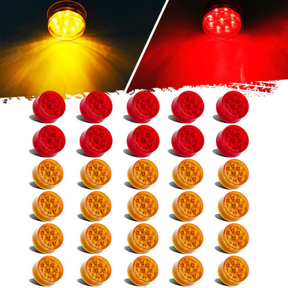 Partsam 30Pcs 2" Inch Round Trailer Led Side Marker and Clearance Lights Amber 9 Diodes with Reflectors for Semi Trailer Trucks(20x Amber, 10x Red)