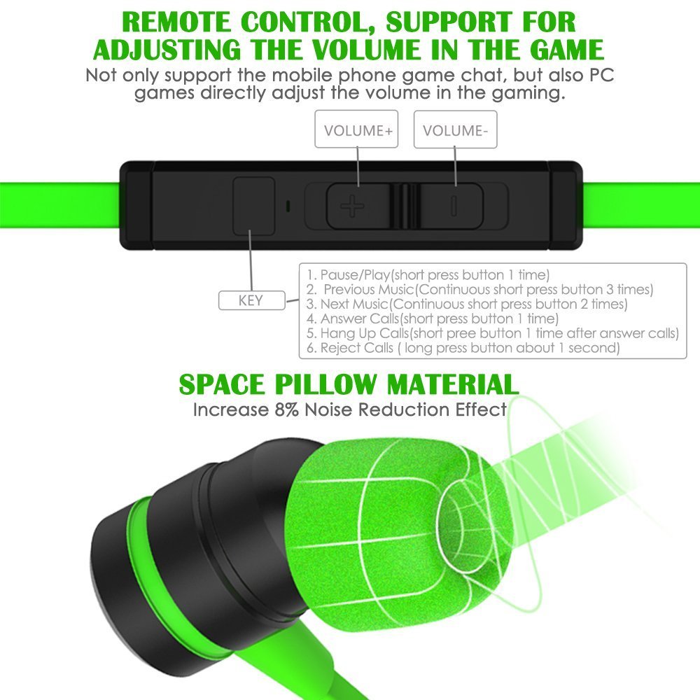 KEKU Wired E-Sport Earphone Noise Cancelling Stereo Bass Gaming Headphone with Mic 3.5mm HiFi Earbuds with Extension Cable and PC Adapter for PC, Laptop and Cellphones (Green)