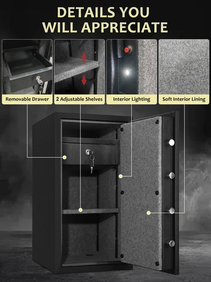 TIGERKING Fireproof Safe Box, 3.47 Cubic Feet Home Safe Box with Drawer, Large Steel Digital Safes for Home and Office