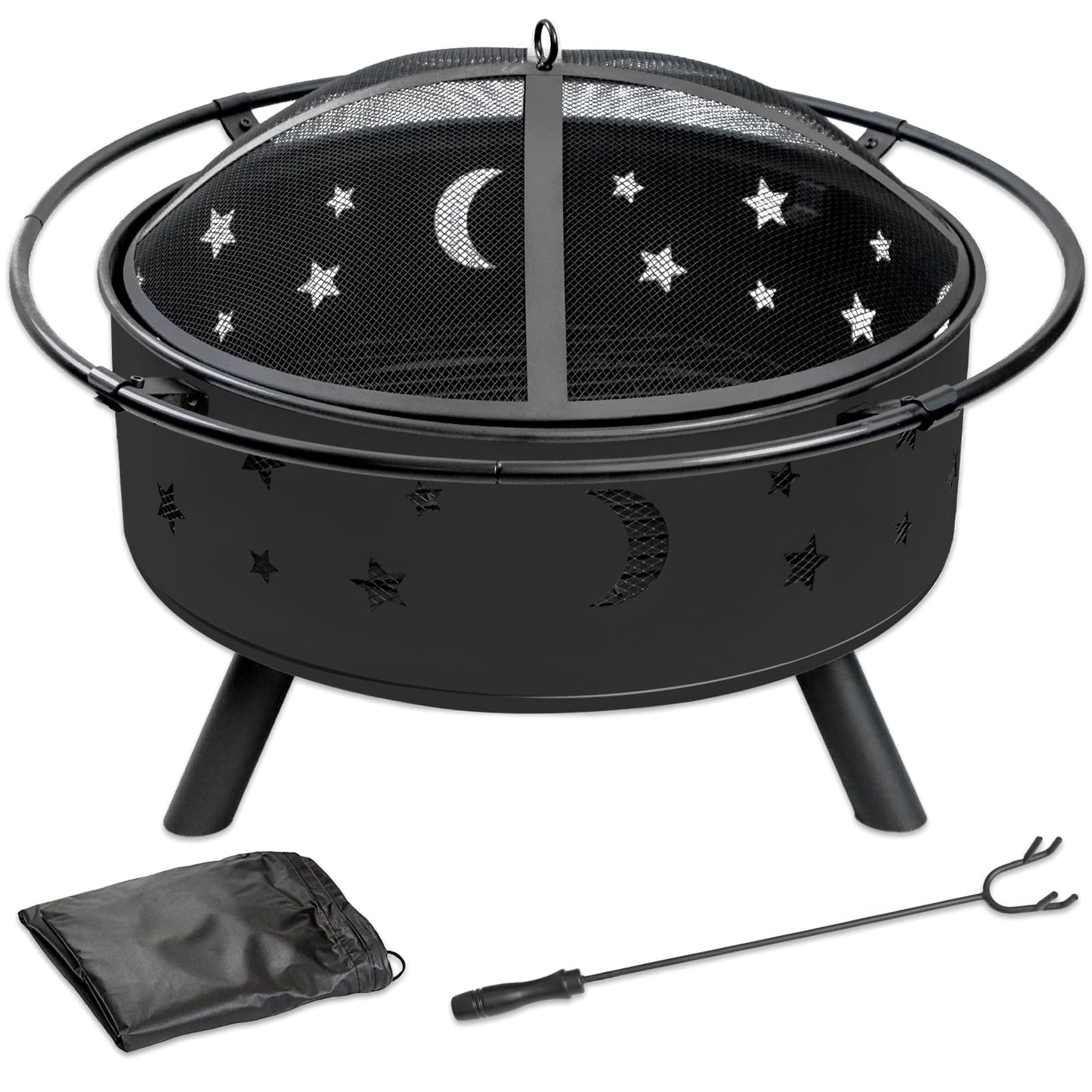 Quilushey 32 Inch Fire Pit Outdoor Fireplace, 2 in 1 Metal Round Firepit for Outside Bonfire Party, BBQ, Camping, Backyard, Patio, Garden, Picnic w/Fire Poker, Spark Screen, Grate, Cover (Moon&Star)