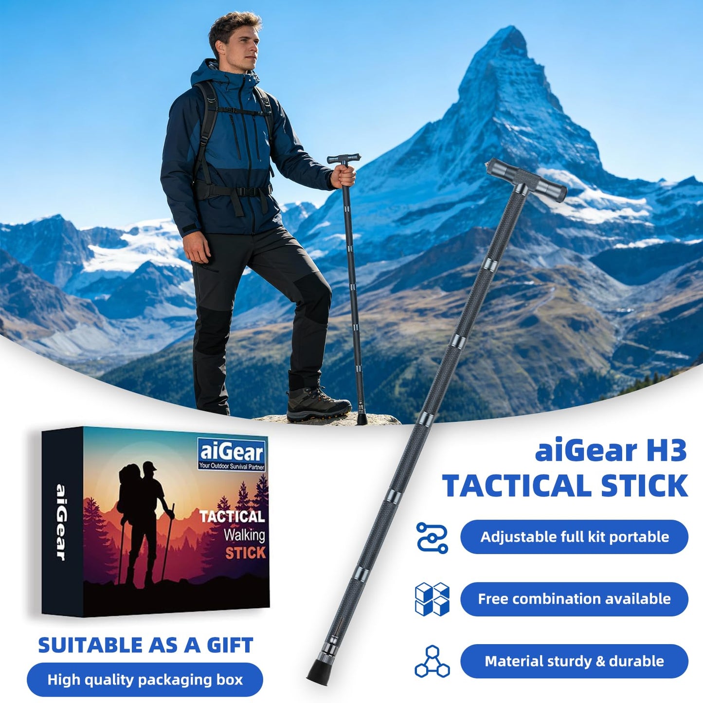 aiGear H3 Survival Walking Stick – Upgraded Hiking Staff with Straight & T-Style Grips, Multitool with Fire Starter, Compass, Whistle – Adjustable Trekking Pole for Camping & Self Defense