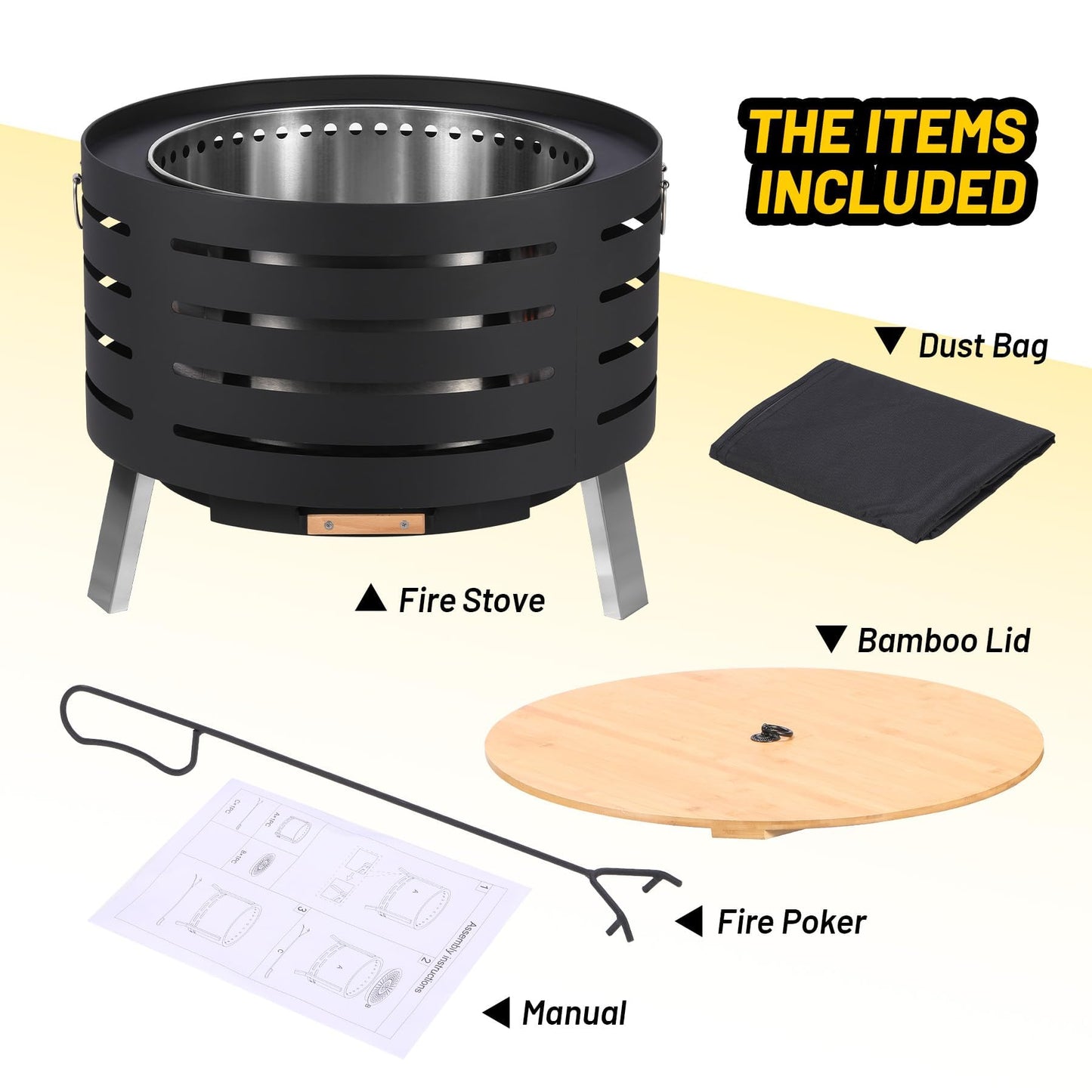 30 Inch Smokeless Outdoor Fire Pit, Outdoor Firepit Table with Removable Ash Pan,Bamboo Lid, Rainproof Cover,Portable Metal Firepit for Patio, Backyard, Camping