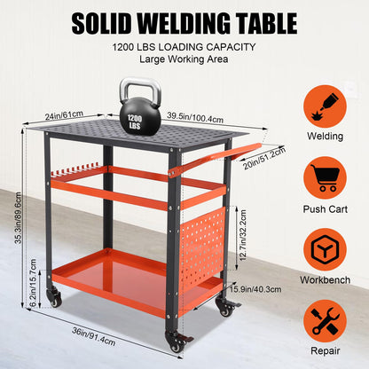 GarveeLife 36"X24" Welding Table with Wheels & Storage,Professional Heavy Duty Steel Welding Bench with Pegboard, Portable Mobile Welding Table for Hobbyist Workshop Orange