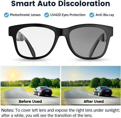 Smart Bone Conduction Glasses Bluetooth with Open-Ear Headphones, Photochromic Blue Light Blocking Lenses, IPX6 Waterproof, Hands-Free Calls/Music, Ideal Gifts for Dad/Men-Upgraded