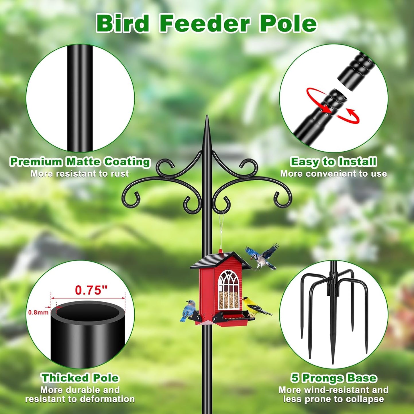 Skiennix Heavy Duty Double Shepherd Hooks - 72-Inch Adjustable Metal Bird Feeder Pole | 5-Prong Base for Outdoor Use