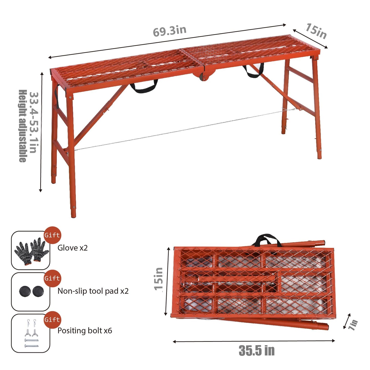 LEADALLWAY Scaffolding Platform 770 Lbs Capacity 70(L) x15(W) x33(H) Folding Adjustable Portable Work Platform Ladder,Red