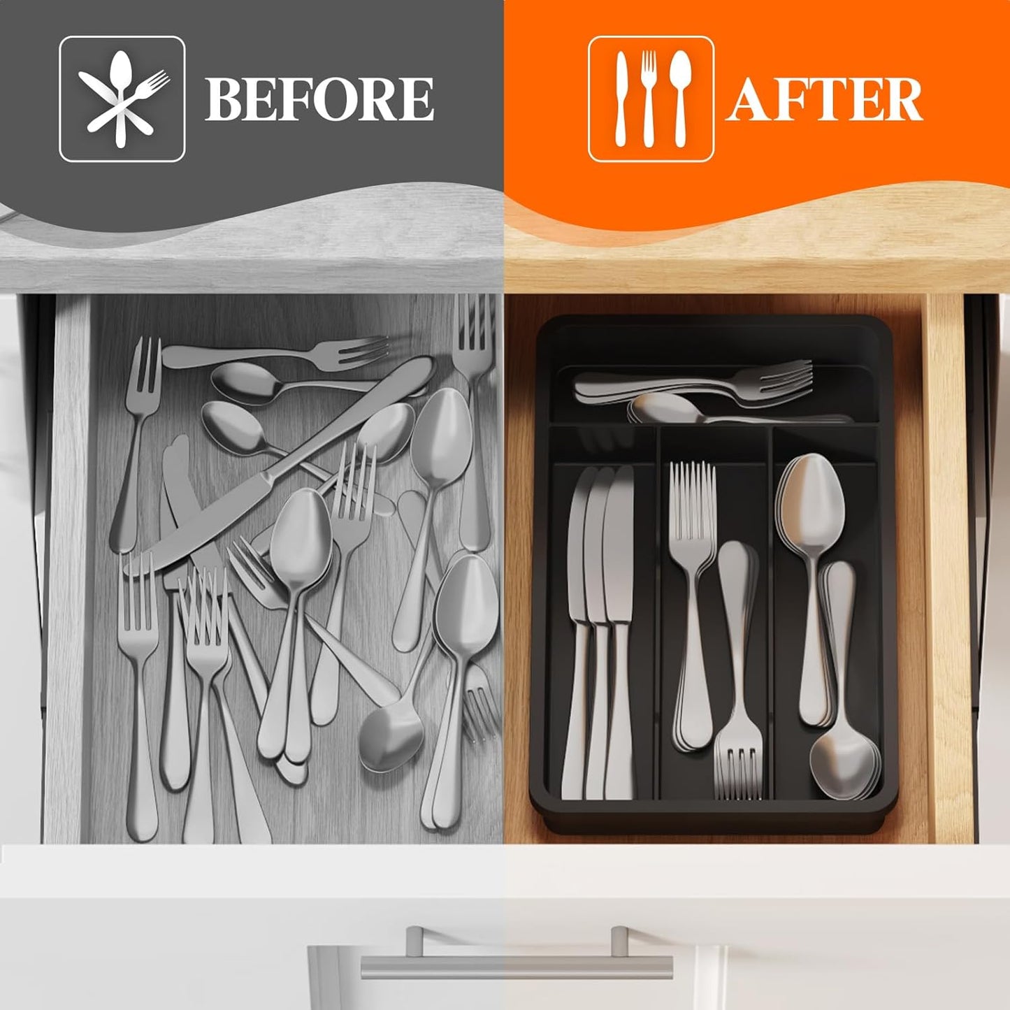 Lifewit Silverware Drawer Organizer Tray, Plastic Cutlery Storage for Kitchen, Flatware and Utensil Holder Divider for Spoons Forks Knives Tableware, 7.8 x 12.4", 4 Slots, Black