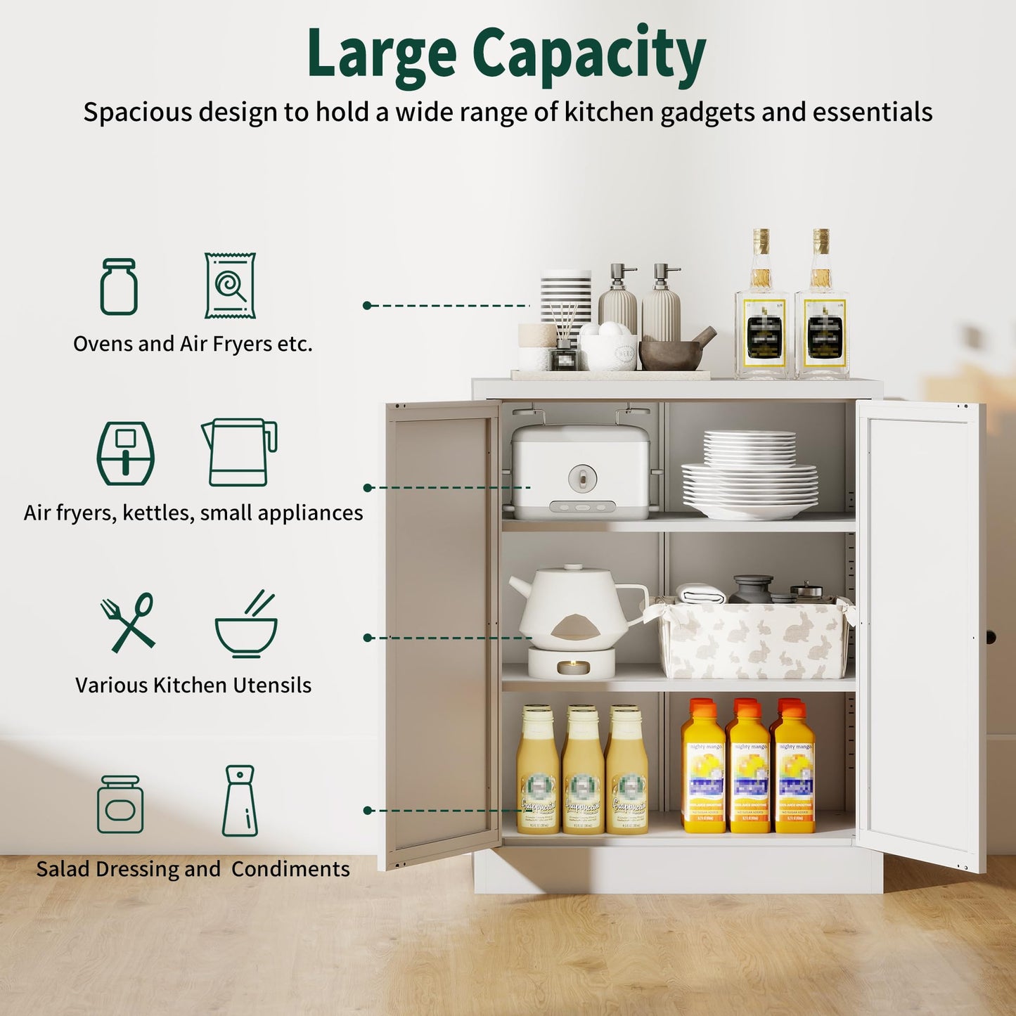 Yukimo Kitchen Pantry Cabinet, 34.5" Pantry Storage Cabinet with 2 Tier Adjustable Shelves and 2 Doors, Metal Pantry Cabinets with Handle for Living Room Kitchen Assembly Required, White