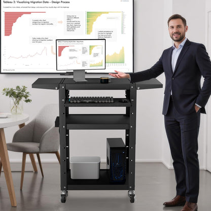 Mobile AV Cart with Pullout Keyboard Tray, Rolling Computer Cart Height Adjustable Rolling Media Utility Cart with 4 Wheels, 4 Outlets, Perfect for Home or Office Us
