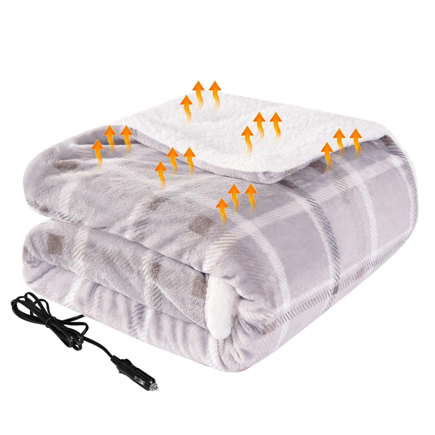 Westinghouse Heated Car Blanket, 12-Volt Electric Blanket for Car, Truck, SUV, RV, Portable Heated Throw for Camping, Grey Buffalo Plaid, 59" x 43”