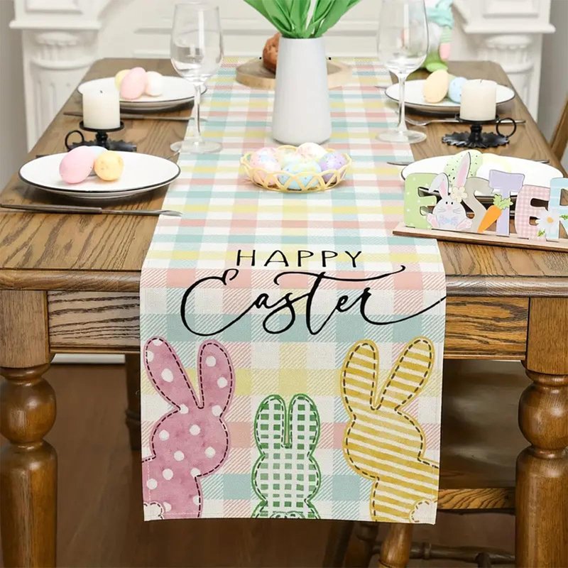 Niviy Buffalo Plaid Rabbit Bunny Happy Easter Table Runner, Easter Decorations, 13x72 Inch Check Stripes Kitchen Table Decor, Spring Kitchen Dining Table Decoration for Home Party Decor