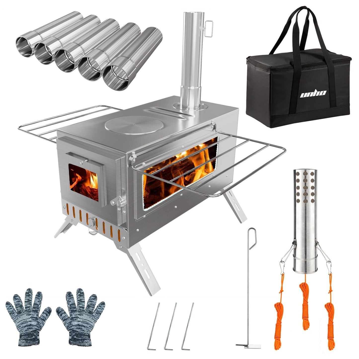 Hot Tent Stove, unho Wood Burning Stove, Portable Wood Stove with 6 Stainless Chimney Pipes for Outdoor Heating & Cooking, Ice Fishing, Hunting,Winter Warmth