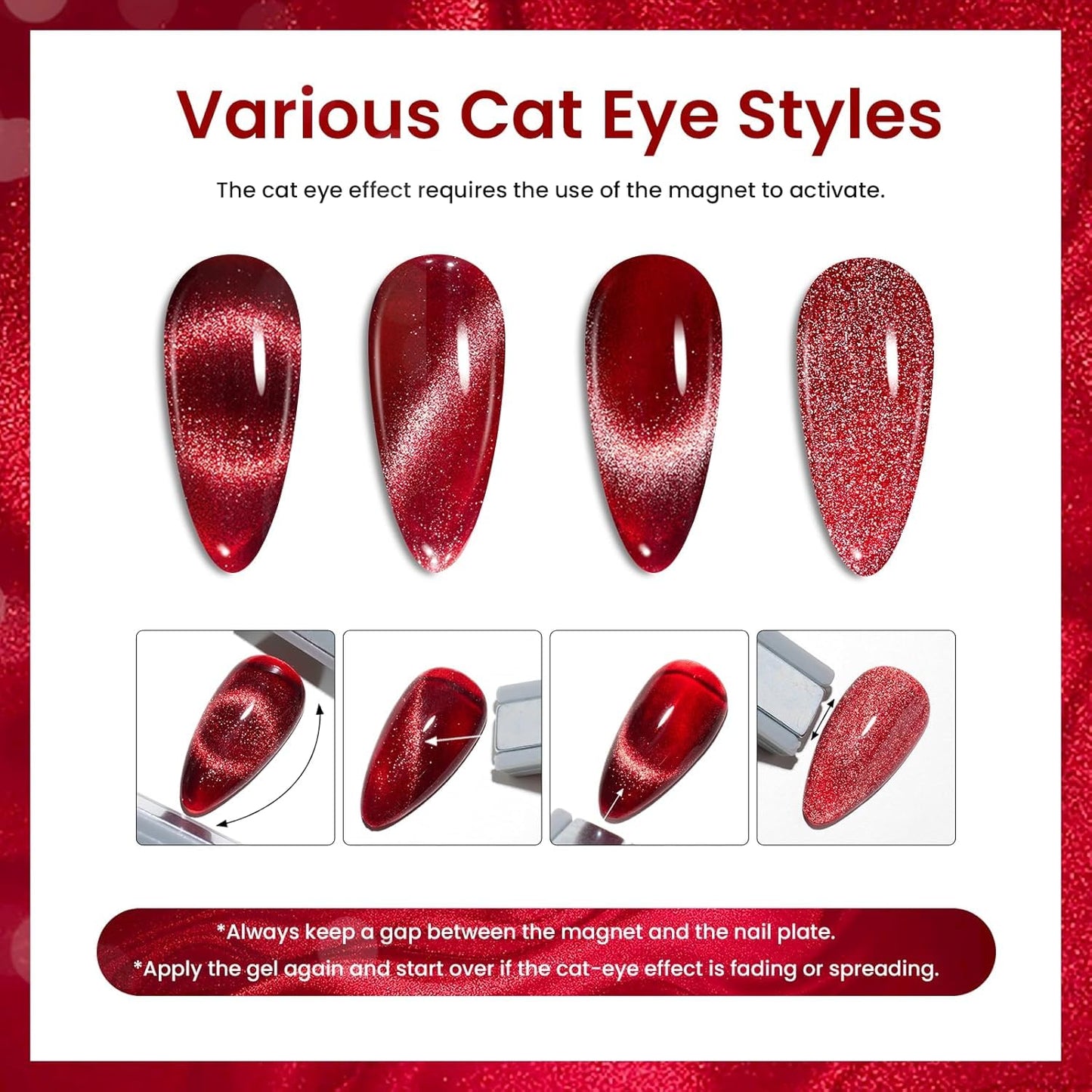 Beetles Cat Eye Gel Nail Polish Set, 6 Colors Glitter Red Pink Shiny Brown Burgundy Purple Blue Green Magnetic Effect Sparkle Stunning Nail Gel Polish Kit Soak Off UV Manicure Gifts for Women