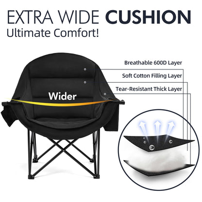 Oversized Camping Chairs for Adults - Heavy Duty Padded Outdoor Folding Lawn XL Camp Chair with Cup Holder Cooler Pockets for Outside Sports Beach Fishing Garden Portable Supports 500lbs, AllBlack