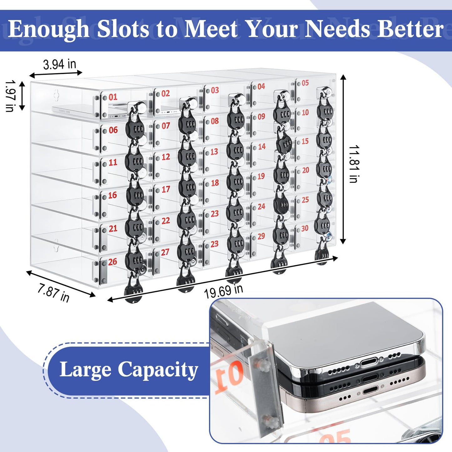 Colingmill 30 Slots Cell Phone Locker Box with Combination Lock, Clear Acrylic Phone Storage Cabinet for Back to School Classroom Students Employee Office Factory