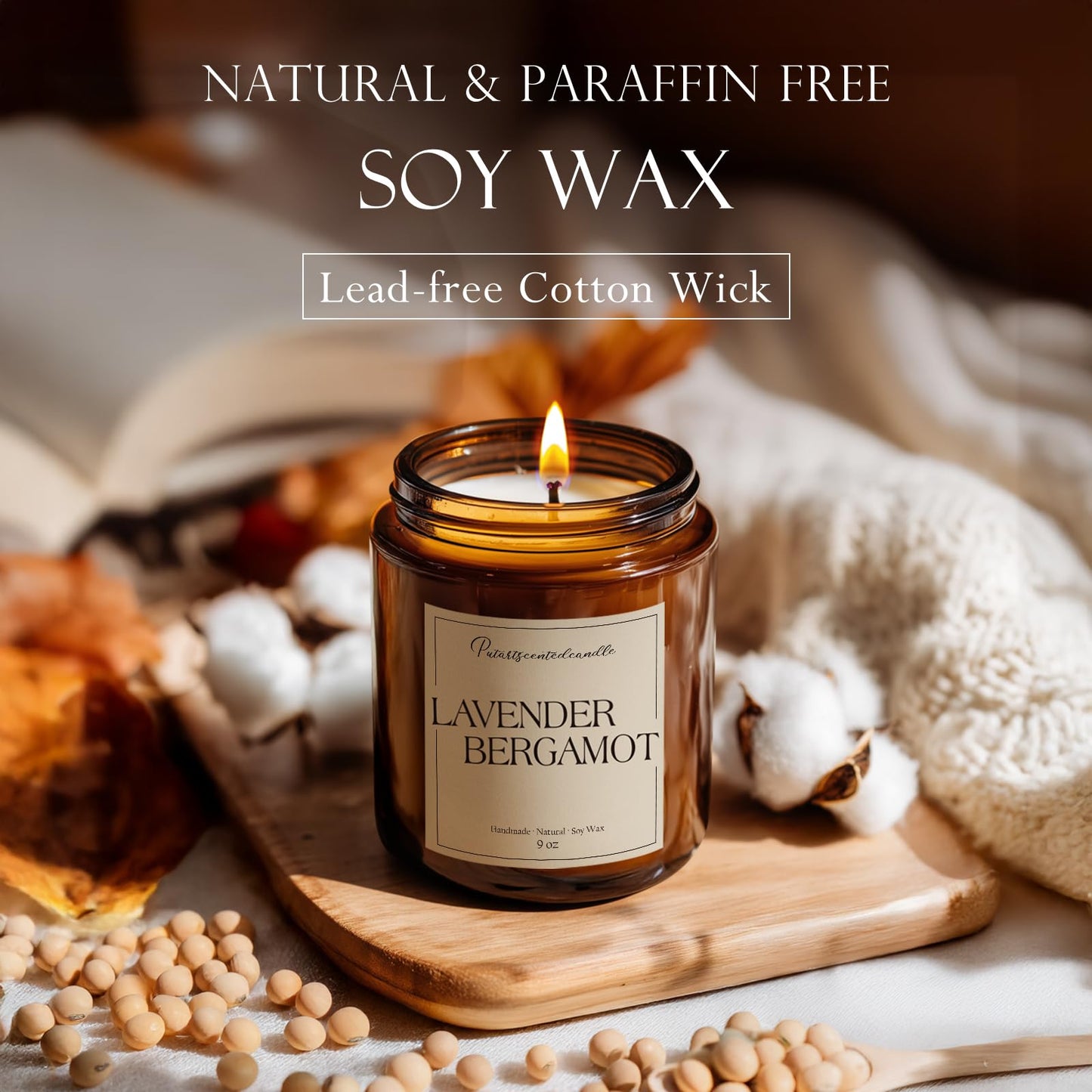Putart Lavender & Bergamot Scented Candles for Home, Natural Soy Wax Aromatherapy Non Toxic Candle Gifts for Women Men, Home Fragrance Decoration Glass Jar Candle for Meditation and Relaxation (9oz