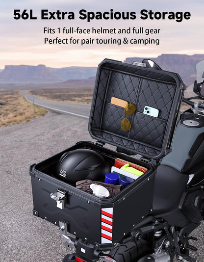 KEMIMOTO Motorcycle Top Case 56L, Universal Aluminum Alloy Motorbike Tail Box with Leather Lining, Waterproof Detachable Motorcycle Top Box with Lock & Back Cushion