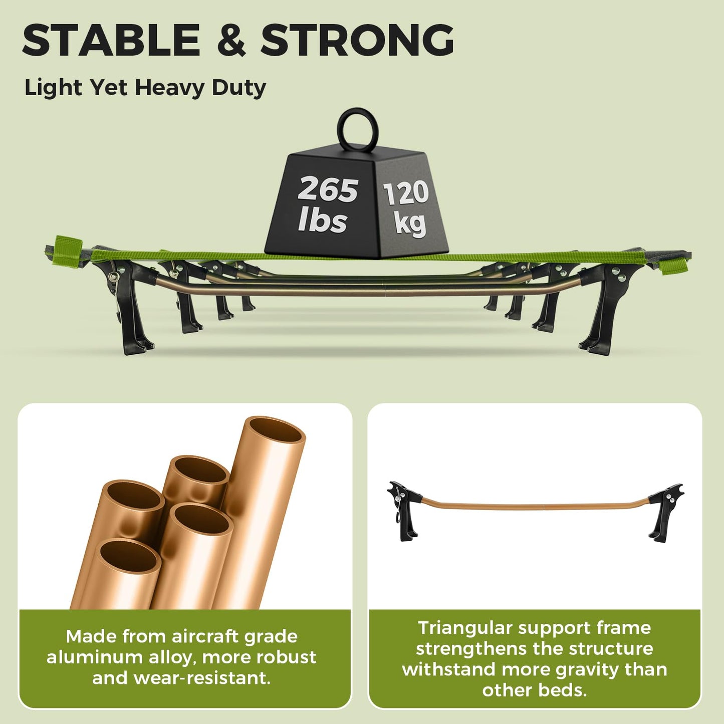 KingCamp Ultralight Camping Cot, Portable Folding Tent Camping Cot, 265 Lbs Heavy Duty Sleeping Cot with Pillow for Adults Outdoor Backpacking Travel Hiking, Green