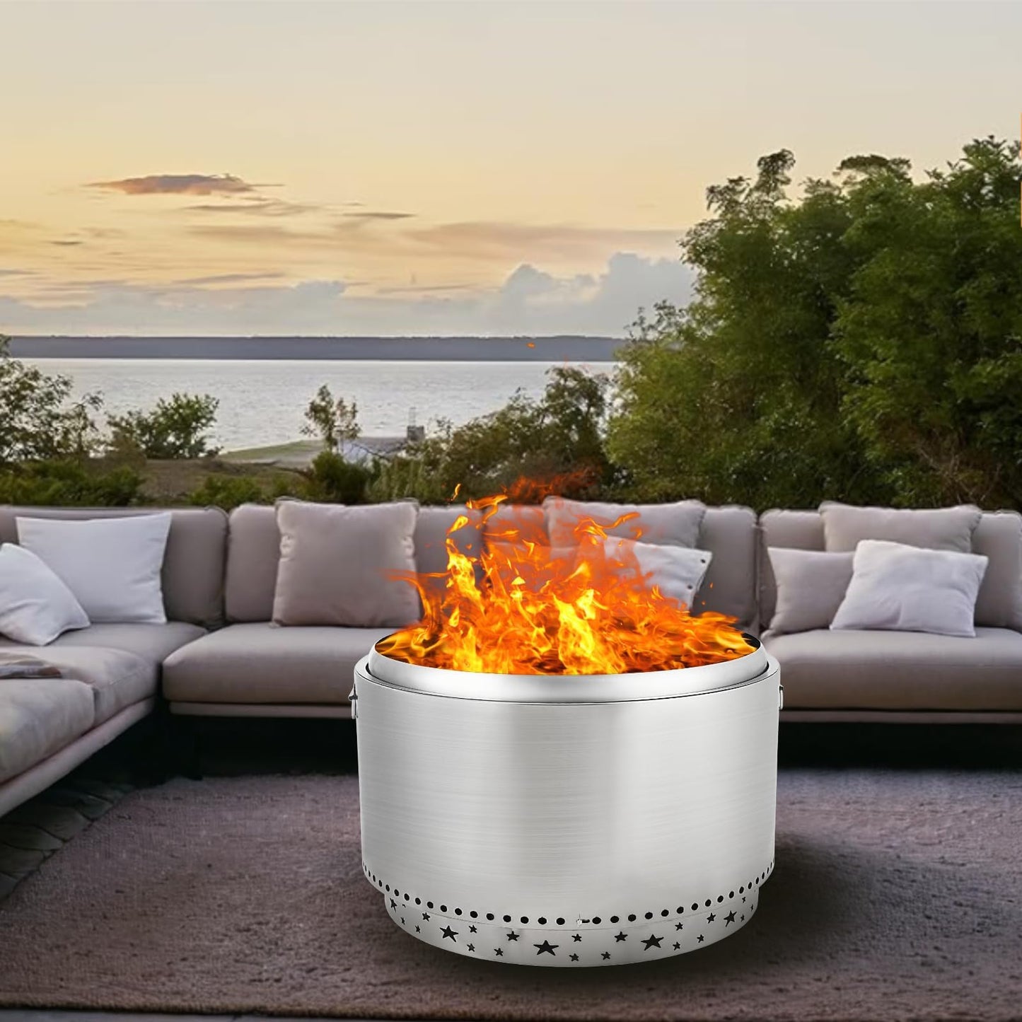 27 Inch Smokeless Fire Pit, Stainless Steel Wood Burning Fire Pits with Removable Stand and Ash Pan, Portable Bonfire Pit with Handle, Outdoor Fire Pit for Camping, Picnic and Family Gathering
