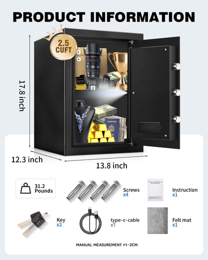 VaultHex Secure Home Safe with Alarm, USB-C Power & Quiet Access - 2.0 CuFt Mid-Size Cabinet Safe for Bedroom or Office, Motion Light, Keypad & Shelf