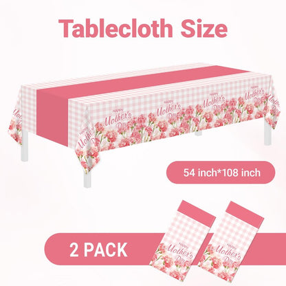 2 Pack Mothers Day Tablecloth,Mothers Decorations 54" x 108" Disposable Plastic Tablecloth,Mothers Table Cloth Plastic Pink Table Cover for Party Supplies,Birthday,Home,Dinner,Indoor,Outside Picnic